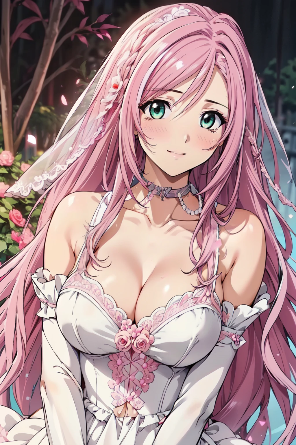 (masterpiece, best quality, beautiful and aesthetic:1.3), 1woman, mature woman,solo, light smile,  (Silver pink hair streaked red:1.4), (Gradient pink hair ends:1.6), hair strand, absurdly long hair, single sidelock, wavy hair, shiny hair, floating hair, (deep green eyes), delicate eyes, aqua eyes, super high detailed eyes, long upper eyelashes, makeup, Focus on face, Very detailed facial, Pretty Face, Perfect breasts, hot body, (Delicate skin texture:1.2), bridal veil, lace-trimmed dress, see-through, wedding dress, outdoors, white roses, garden, morning, standing, extreme detailed, 