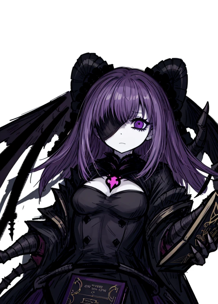 1girl, pale skin, black blindfold, purple hair, magic book,nightmare, bone claw, nigrimant, death, spirit in pain,, nice clothes, (high resolution, high detail, best quality)