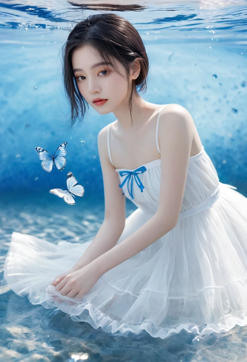 1 girl, Transparent water, Blue Butterfly, Pure white gauze skirt, shiny