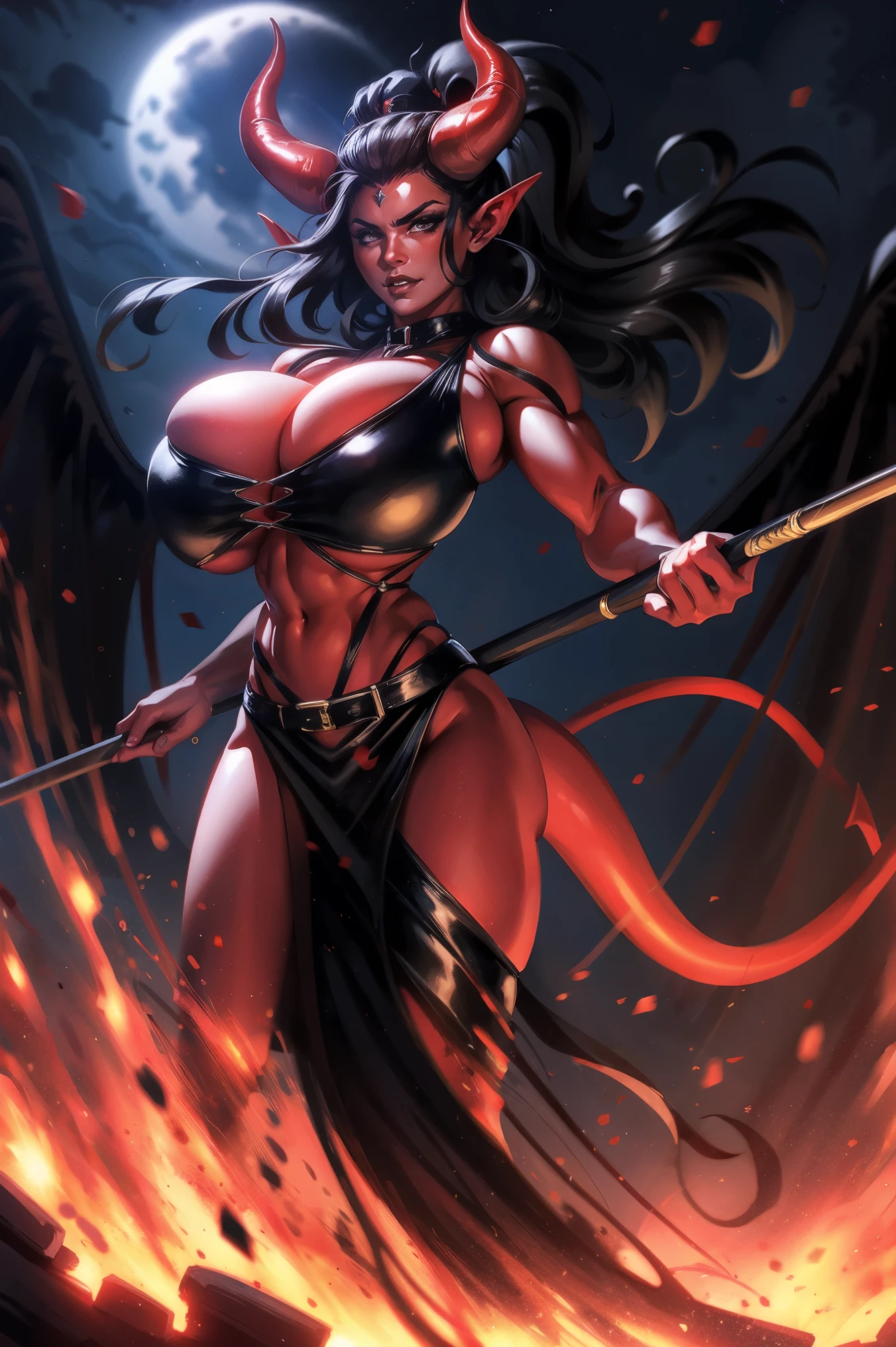 Busty Red skin succubus tiefling, large breasts, black horns, wings, huge tail, black leather, crop top, long flowing pelvic curtain, tall, toned, graceful, thin, long black ponytail. Action scene, whip. Dark scene, explosions, night sky.