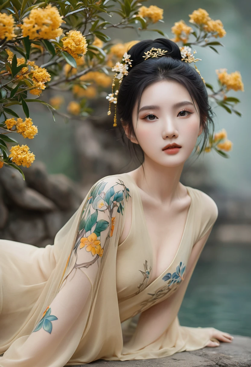 Chinese Beauty, Charming temperament, floating long dress, Clear face, beautiful eyes, Around osmanthus flowers, A masterpiece of perfect body structure proportions, Very detailed, Epic Composition, Color Tattoo Art, Neo-Traditional Tattoo Art, SD tattoo design, Color Tattoo Art, Mysterious and warm and friendly atmosphere, Surrealism, Ultra HD, high quality, best quality, 32K --v 6