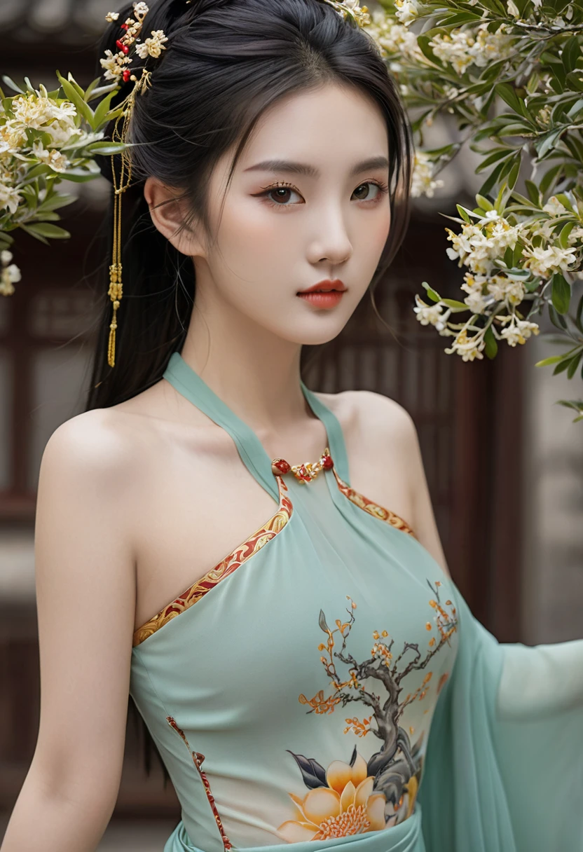 Chinese Beauty, Charming temperament, floating long dress, Clear face, beautiful eyes, Around osmanthus flowers, A masterpiece of perfect body structure proportions, Very detailed, Epic Composition, Color Tattoo Art, Neo-Traditional Tattoo Art, SD tattoo design, Color Tattoo Art, Mysterious and warm and friendly atmosphere, Surrealism, Ultra HD, high quality, best quality, 32K --v 6