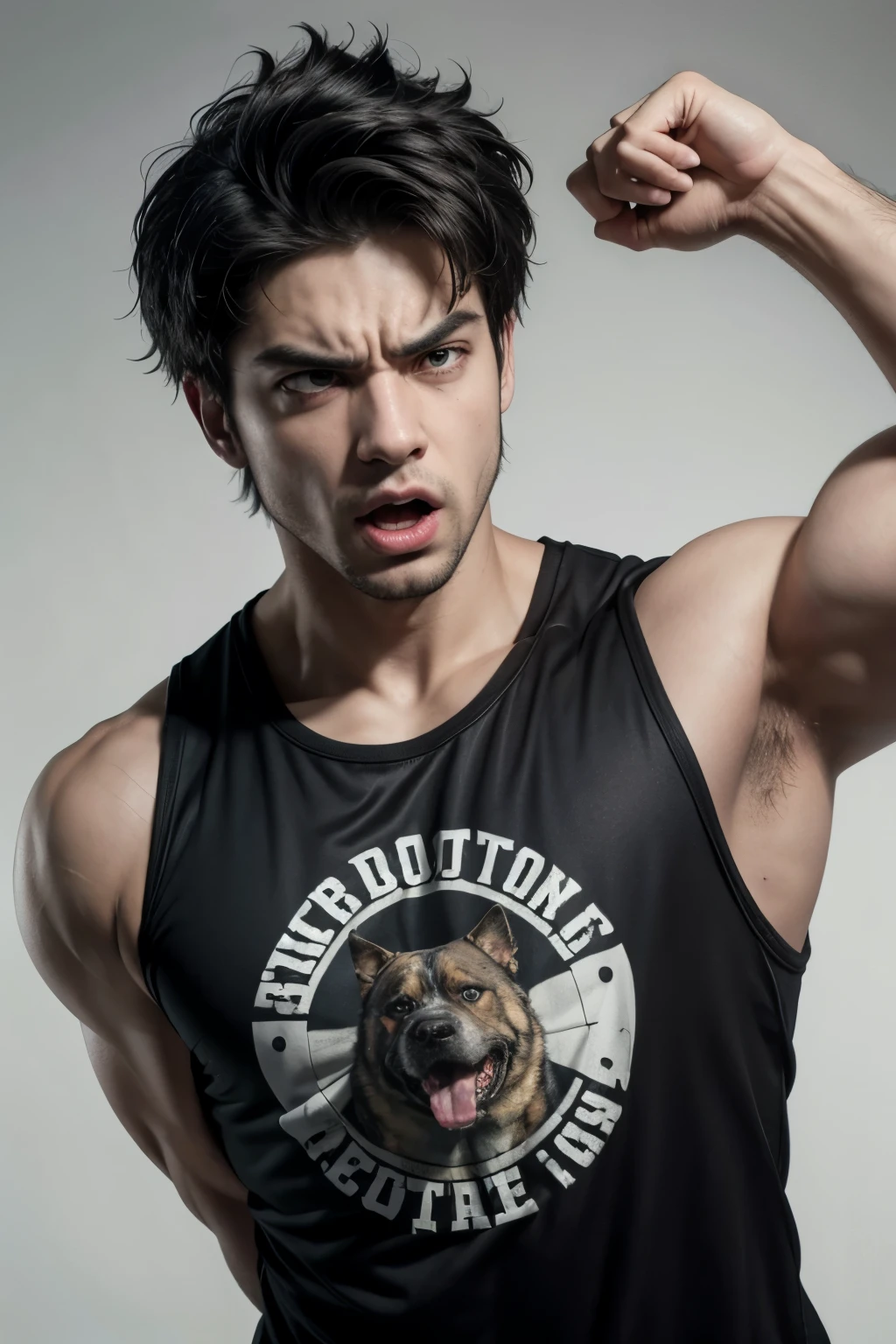 Create an angry muscular dog using the Botafogo football shirt and tank top, he's stepping on a lion in a red shirt