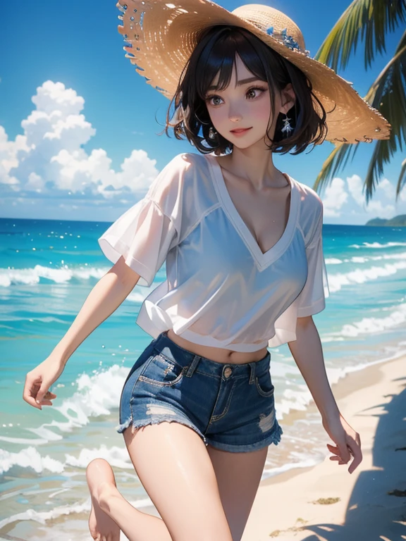 (Highest quality、masterpiece、High resolution、8K)、Vibrant colors、Young and beautiful woman 1、whole body、Brown and black short bob、barefoot、(Detailed face、Beautiful Eyes、Beautiful nose、Pretty lips)、Beautiful cleavage、A woman wearing a white T-shirt and shorts、Ride along the sandy beach、Surprised Smile、Official Art、The background is the sea、blue sky、White waves and wide sandy beach、Wide forest、White Entrance Cloud、