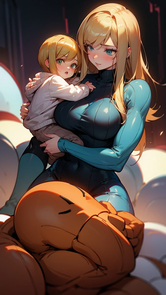 Samus Aran, wearing a cozy sweater, massive breasts, loving mommy, holding a little kiddo