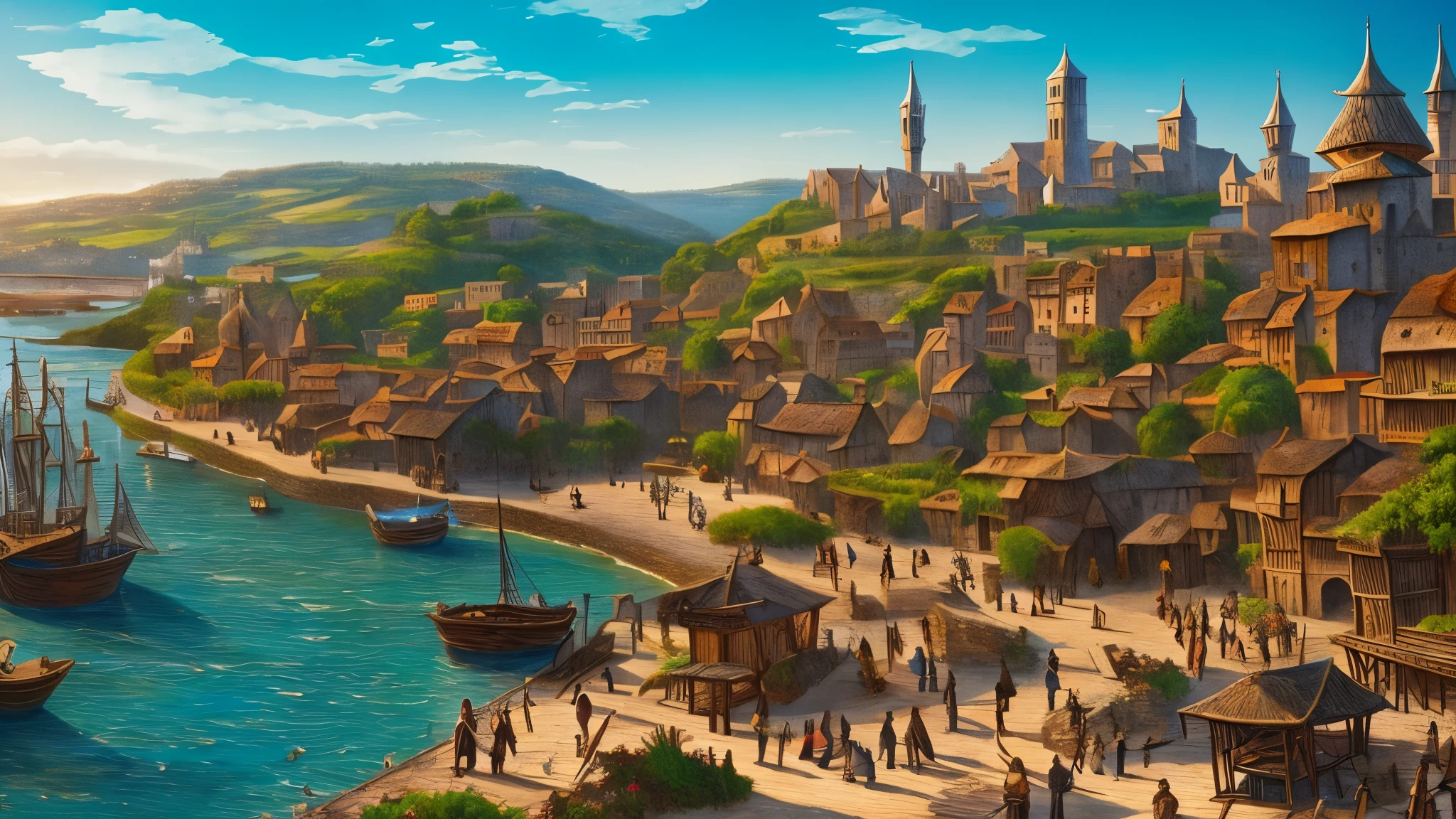 
Medieval port town with rustic wood and metal buildings. myths vines in the details of the buildings, beach front landscape showing a crowd of people, fantasy style, work of art, detailed