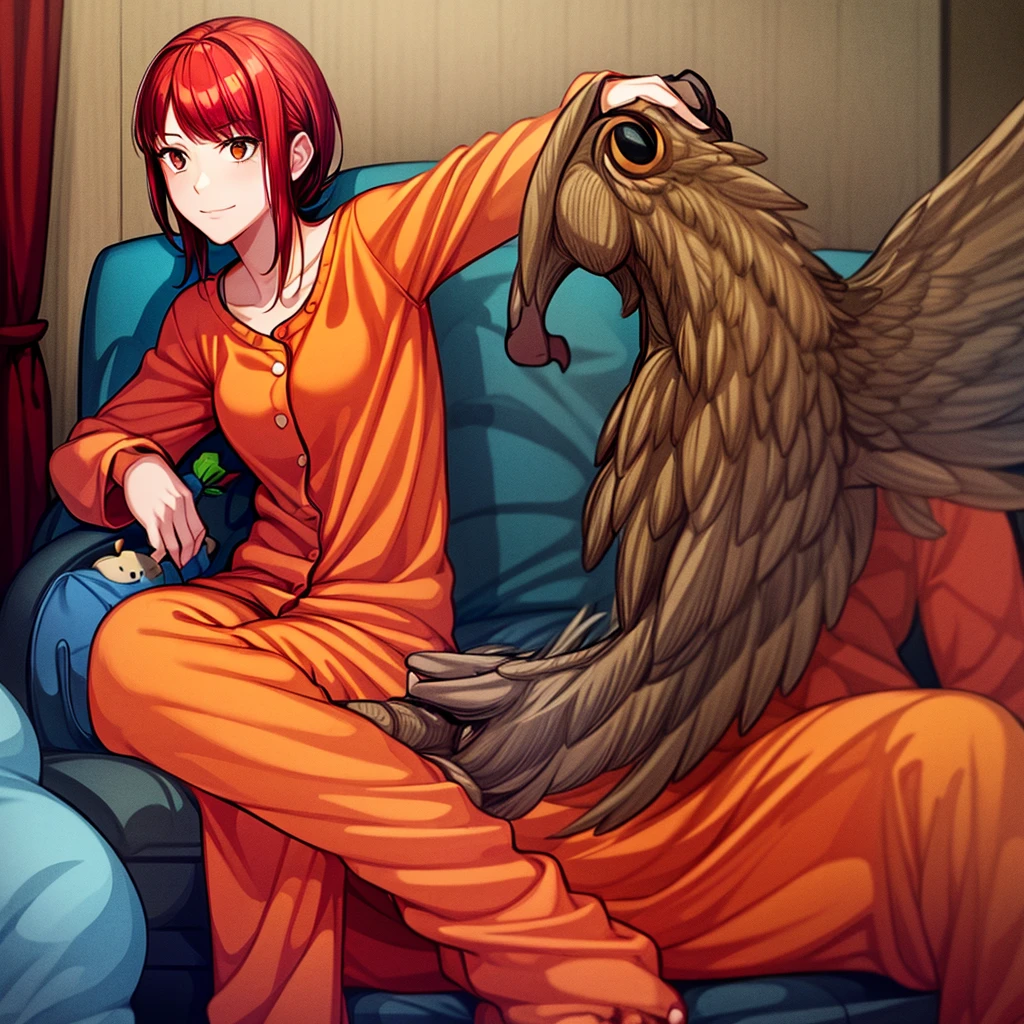 A girl with red hair wearing an orange dinosaur pajama.