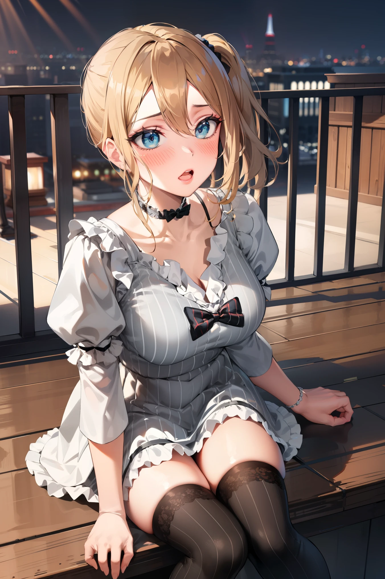 short ponytail,Short Hair,
BREAK ((black choker, red bowtie, vertical-striped dress, grey dress, puffy sleeves, (vertical stripes:1.2), long sleeves, striped skirt, frilled thighhighs:1.5))
BREAK drunk, open mouth, blush, tired, looking at you, city, night,
BREAK (masterpiece:1.2), best quality, high resolution, unity 8k wallpaper, (illustration:0.8), (beautiful detailed eyes:1.6), extremely detailed face, perfect lighting, extremely detailed CG, (perfect hands, perfect anatomy),