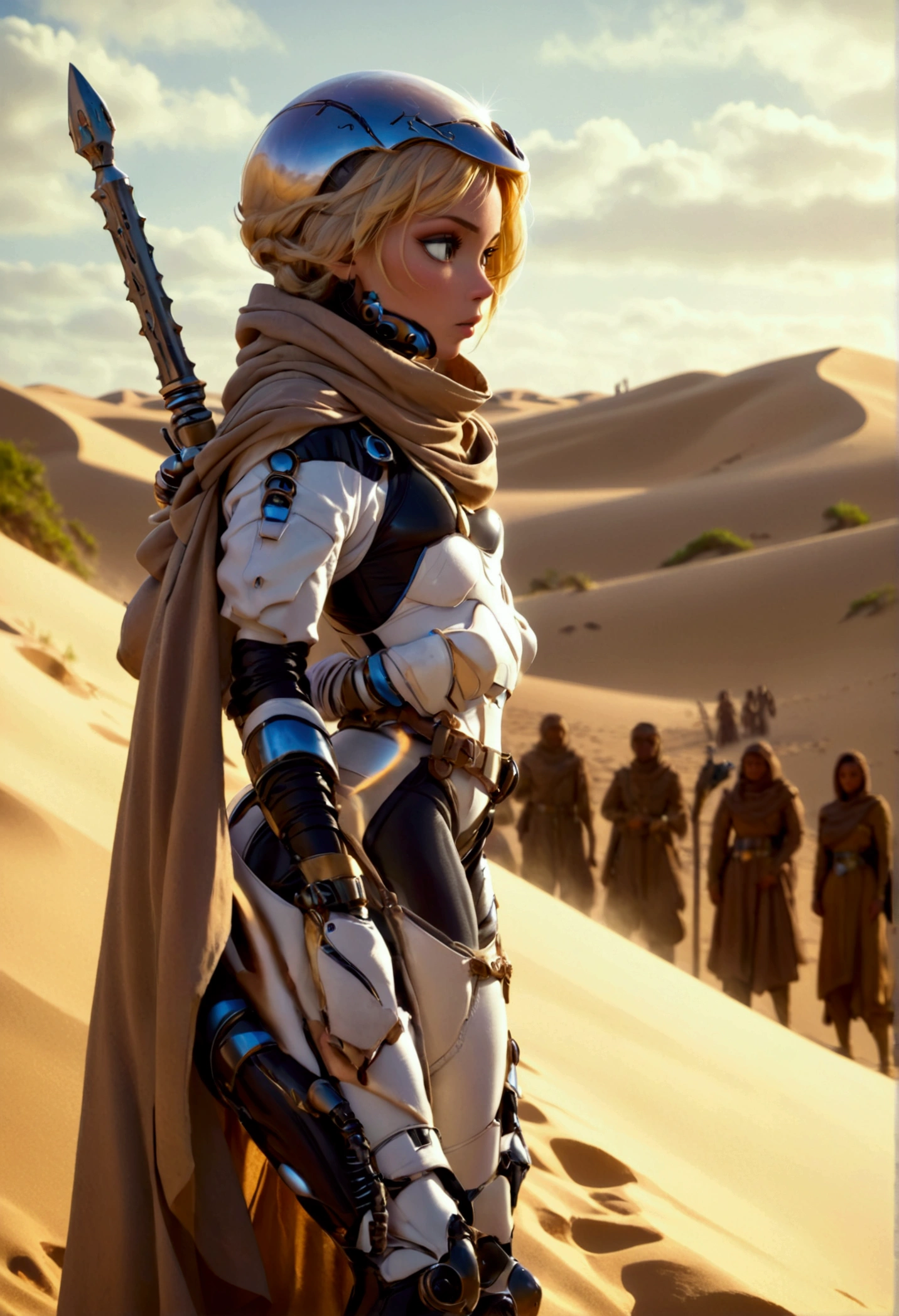 a beautiful woman with blonde hair wearing a sci-fi dune stillsuit, standing on top of a sand dune holding a dagger, 100s of tribal rebels watching her, cinematic lighting, hyper realistic, dramatic, intricate details, volumetric fog, warm color palette, epic scale, dramatic posing, chiaroscuro lighting, highly detailed, masterpiece, best quality, 8k
