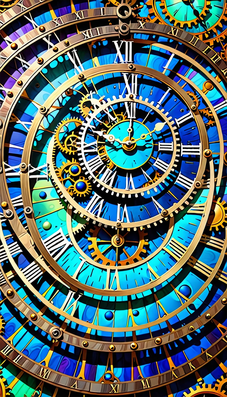 Close-up of clock，There are many circles of different colors on it, Well-designed digital art, Maximalist Digital Art, passing of the times. complex shapes, Complex and epic composition, Steampunk Digital Art, Psychedelic surrealist art, digital fantasy art, digital steampunk art, Complex Numbers, Complex futurism, Complex Numbers艺术, Digital Complex Art, Complex and detailed digital art, Complex Numbers艺术work