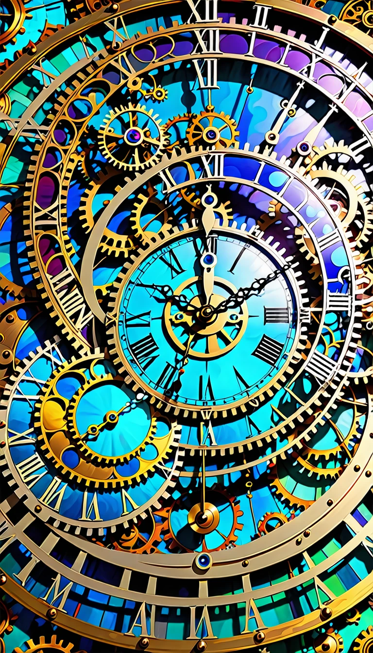 Close-up of clock，There are many circles of different colors on it, Well-designed digital art, Maximalist Digital Art, passing of the times. complex shapes, Complex and epic composition, Steampunk Digital Art, Psychedelic surrealist art, digital fantasy art, digital steampunk art, Complex Numbers, Complex futurism, Complex Numbers艺术, Digital Complex Art, Complex and detailed digital art, Complex Numbers艺术work