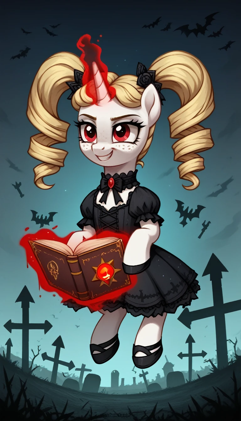 score_9,score_8_up,score_7_up,score_6_up, filly, unicorn, white fur, curly blonde hair, twintails, freckles, red eyes, Gothic pony, lolita fashion, glowing backlight, fashion show, graveyard scene, glitter, whimsical, enchanted, magical, fantasy art concept, intricate details, insane smile, blood splatter on face, floating, holding spell book, glowing horn,