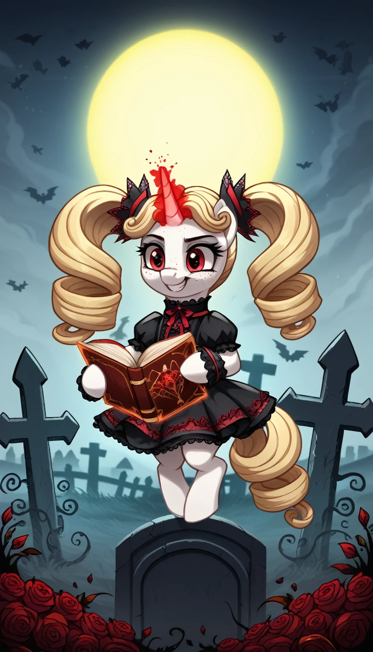 score_9,score_8_up,score_7_up,score_6_up, filly, unicorn, white fur, curly blonde hair, twintails, freckles, red eyes, Gothic pony, lolita fashion, glowing backlight, fashion show, graveyard scene, glitter, whimsical, enchanted, magical, fantasy art concept, intricate details, insane smile, blood splatter on face, floating, holding spell book, glowing horn, 