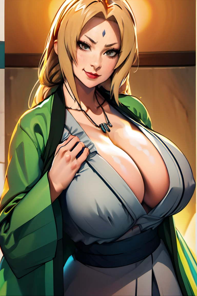 tsunade, big breasts, cleavage, clavicle,((Tsun costume)), (Tsun jacket), (Tsun Necklace), mature woman, fascinating look, looking at the viewer, Stand at the bar, indoors, daytime, (cowboy shot), (Extremely detailed, beautiful detailed face, masterpiece, beautiful detailed eyes, highest quality), huge breasts, ((Fascinating smile)), 超High resolution,4K,super detailed, photograph, 8K, HDR, High resolution, (disorganized:1.2), kodak portrait 400, film grain, blurred background, (bokeh:1.2), Lens flare, (vibrant_Farbe:1.2),Professional Photograph, (beautiful_face:1.5), ,(((Viewpoint 1.3))),((((My chest feels tight)))),