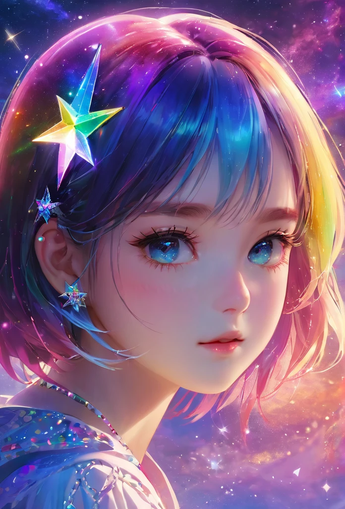 masterpiece, Amazing girl, Cute girl, Break, High detail eyes, Perfect eyes, portrait, High detail face, The same vision, glare, Rainbow Colors, Global Illumination, Soft Light, Light of Dreams, number, 8K Close-up, fantasy, Night Sky, Star, nebula, White crystal, moonlight, peaceful, summer, (8K:1.1)