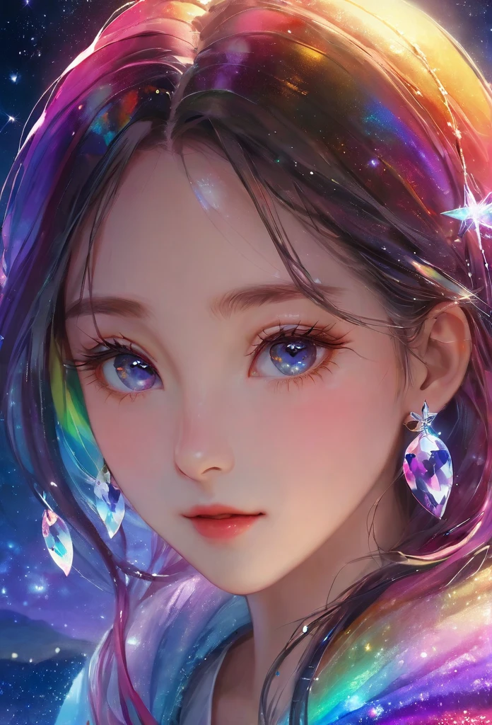 masterpiece, Amazing girl, Cute girl, Break, High detail eyes, Perfect eyes, portrait, High detail face, The same vision, glare, Rainbow Colors, Global Illumination, Soft Light, Light of Dreams, number, 8K Close-up, fantasy, Night Sky, Star, nebula, White crystal, moonlight, peaceful, summer, (8K:1.1)