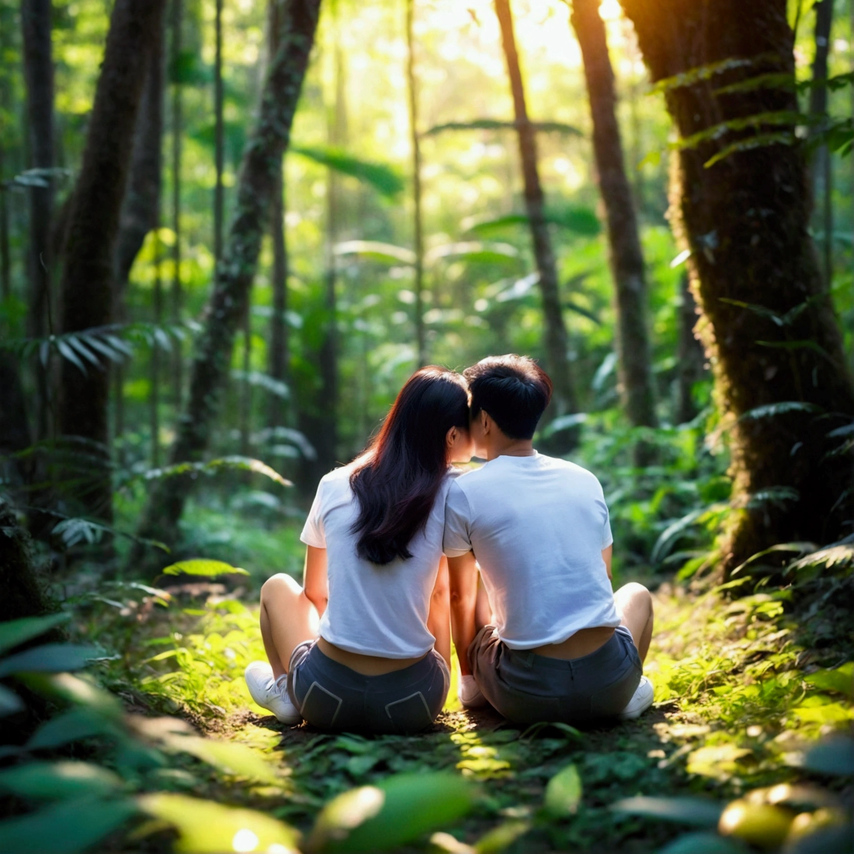 A couple from Korea sits squatting (open legs) in the middle of a lush forest. They wore casual clothes with white t-shirts and shorts, and white sports shoes. The man sits behind the woman, hugging her with his arms around her waist and shoulders, while the woman leans back with her head against the man's chest, with her eyes closed as if enjoying a quiet and intimate moment together. The forest background shows tall trees and dense green leaves, giving the image a natural and peaceful feel. Sunlight can be seen faintly penetrating between the leaves, creating a shady and comfortable atmosphere.