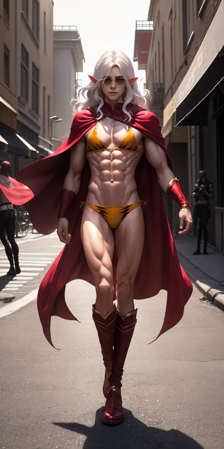 Subject: 1 Solo Female Drow Elf Physical Description: Purple Skin Long White Hair Strong Body with Abs Shiny Skin (Ultra Quality) Attire: Yellow Tiger Bikini (underneath) Red Cape (flowing) Pose: Standing Pose Background: Cinematic Street Scene (Atmospheric, 8K) Additional Notes: Red sunglasses