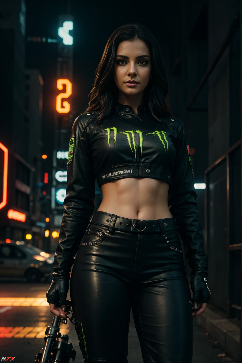 a woman standing next to a motorcycle, monster energy logo in background, detailed woman, realistic, photorealistic, 8k, highres, best quality, masterpiece, ultra-detailed, physically-based rendering, professional, vivid colors, studio lighting, sharp focus, beautiful detailed eyes, beautiful detailed lips, extremely detailed face, long eyelashes, elegant pose, dynamic composition, cinematic lighting, dystopian cyberpunk atmosphere