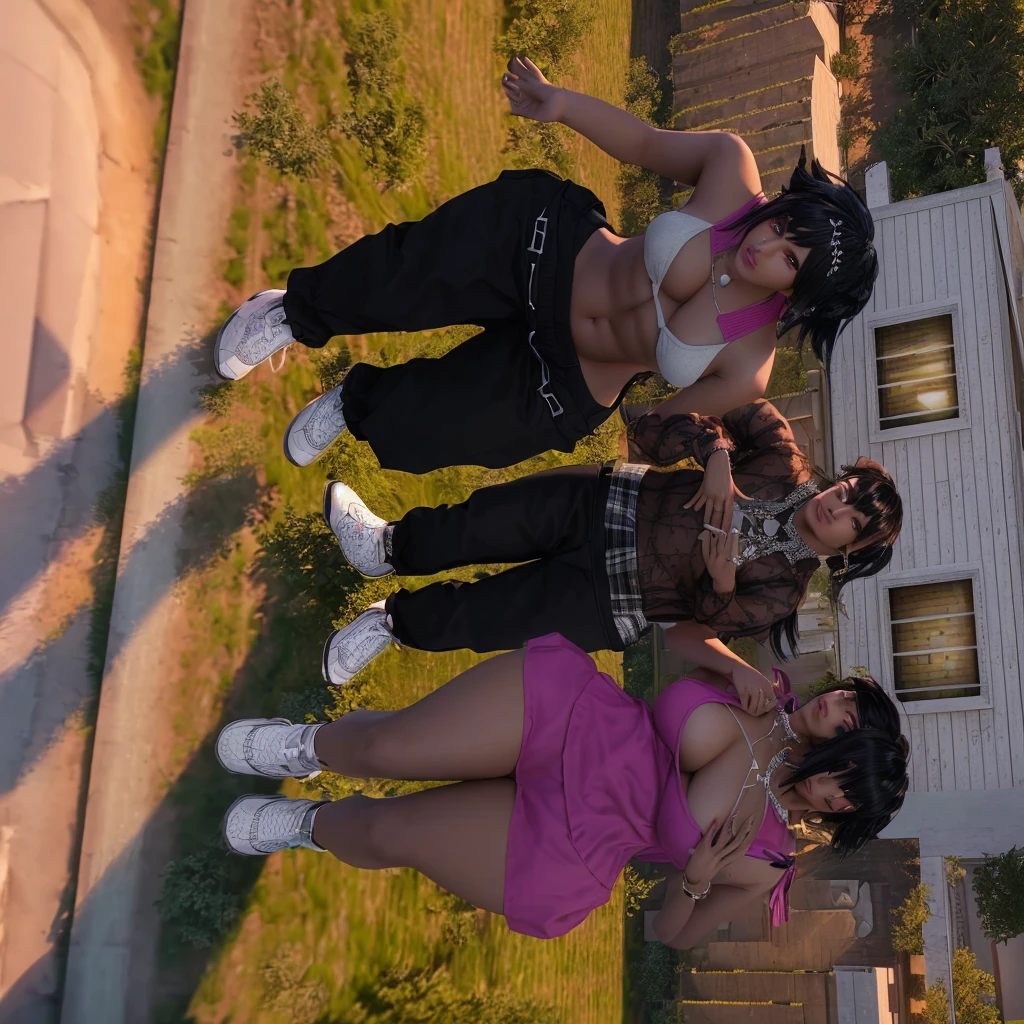 three people standing in a yard with a house in the background, imvu, daz, secondlife, in clothes! highly detailed, daz3d, daz 3 d, 2k, daz 3d, 2 k, second life avatar, walking at the park, highly rendered!!, lowres, highly_detailed!!, gang, walking through a suburb, cg