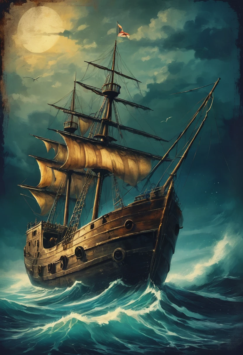 A painting,Medieval retro style,Nautical theme,Wreck,Dark background,Retro shabby atmosphere,Caribbean Type