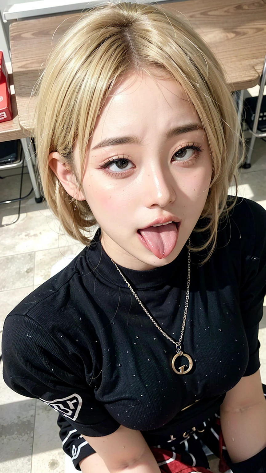 fleshglossy japanese gal, ahegao, blonde short hair, high, peace sign by 2 hands, Award-winning photo, Very detailed, rolling eye, Face Focus, Mouth open, spread legs, Realistic nostrils、Elongated C-shaped nostrils,(Wet and shiny tongue),abs, in classroom, (((from above))),Browsing Caution,