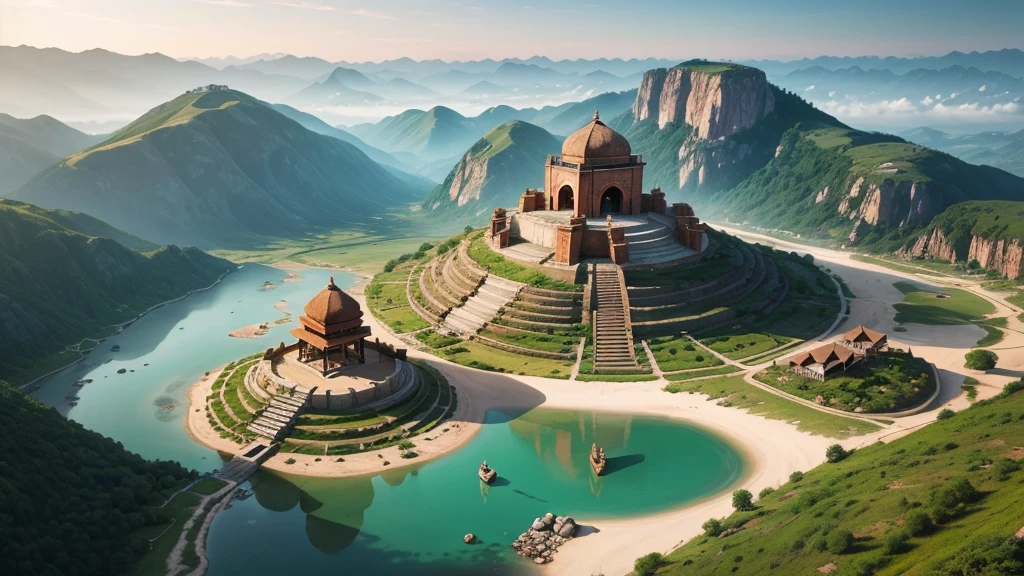 Beautiful scenery of ancient Indian village. Aerial view, Photorealistic photos, High definition.