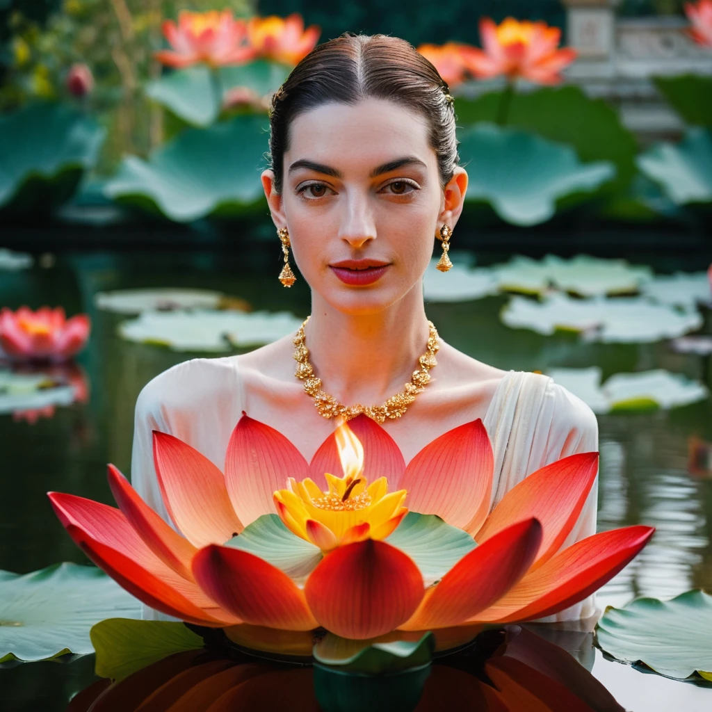 Candid closeup photo of an eccentric traditional gorgeous young beautiful face lotus queen, still from the film, ((solo)), (Anne Hathaway look alike face: 0.9), placing a lotus shaped bowl of fire in water, haute couture, symmetry, colorful palace gardens, river with bowls of fire, summer, pastel colors, Leica SL3, Summicron-SL 75 f/2 ASPH, kodak gold 200 film, dynamic action pose,