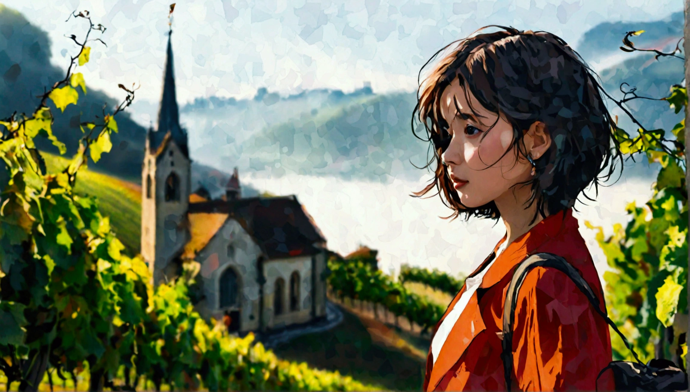 Woman in beautiful landscape 8K highest quality, Beautiful 36-year-old Korean woman, Chest size 34 inches, Passing through vineyards in the Swiss countryside, The cathedral is visible in the early morning fog., The back background is realistic and vivid quality., short medium hair, Casual and British - (summer jacket) ,Perfect and realistic photos, The background is realistic.. Full body shot with Canon camera 16-35 wide angle lens, expressionless, Walking down a vineyard hill covered in thick fog., Walking towards the front camera