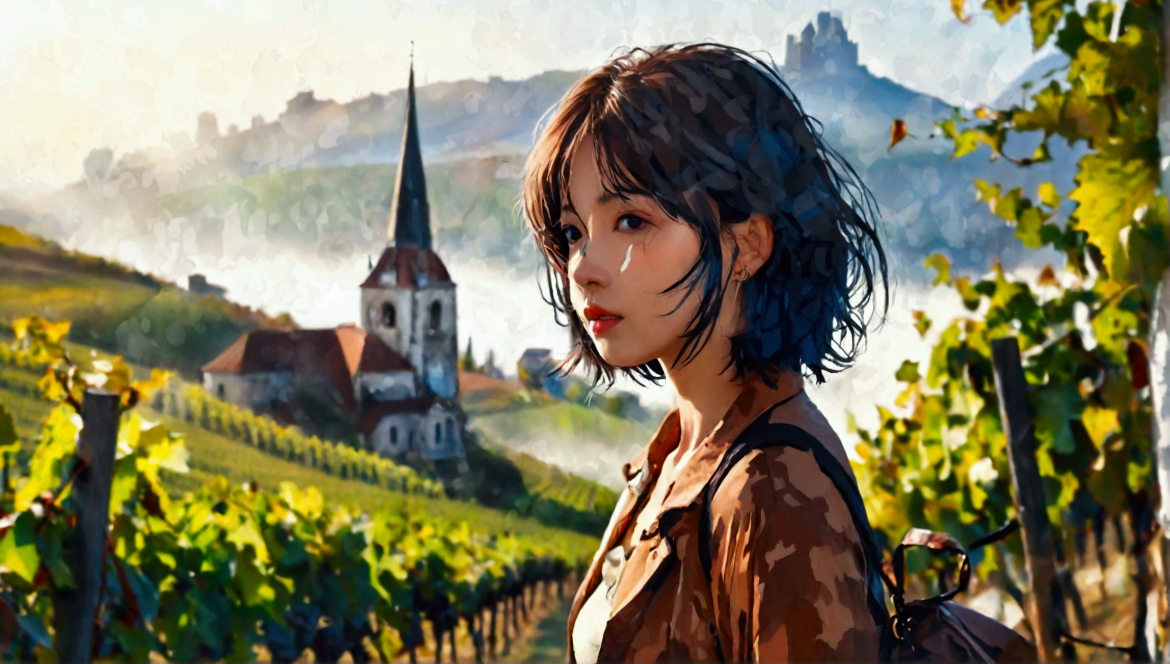 Woman in beautiful landscape 8K highest quality, Beautiful 36-year-old Korean woman, Chest size 34 inches, Passing through vineyards in the Swiss countryside, The cathedral is visible in the early morning fog., The back background is realistic and vivid quality., short medium hair, Casual and British - (summer jacket) ,Perfect and realistic photos, The background is realistic.. Full body shot with Canon camera 16-35 wide angle lens, expressionless, Walking down a vineyard hill covered in thick fog., Walking towards the front camera