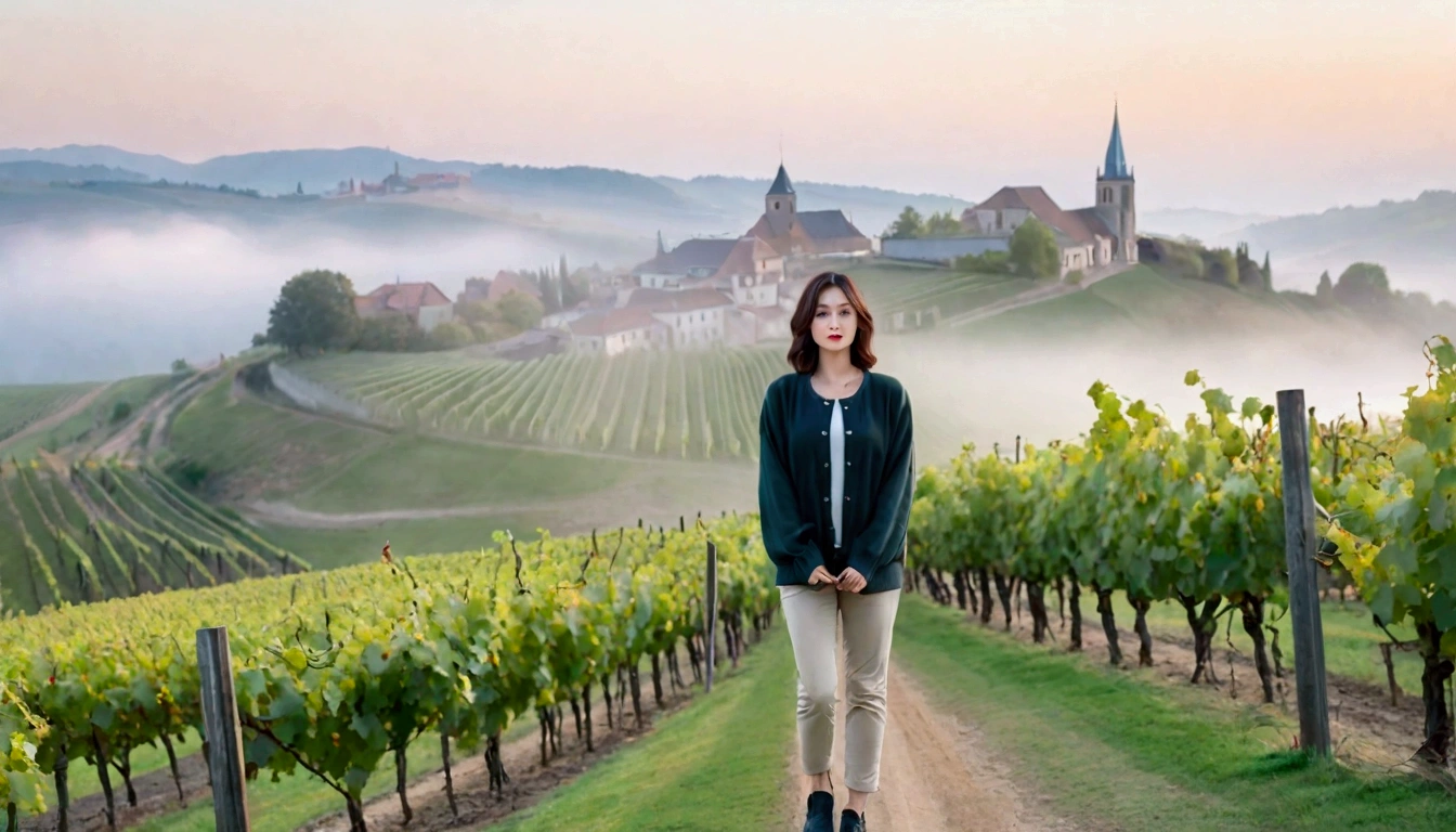 Woman in beautiful landscape 8K highest quality, Beautiful 36-year-old Korean woman, Chest size 34 inches, Passing through vineyards in the Swiss countryside, The cathedral is visible in the early morning fog., The back background is realistic and vivid quality., short medium hair, Casual and British - (summer jacket) ,Perfect and realistic photos, The background is realistic.. Full body shot with Canon camera 16-35 wide angle lens, expressionless, Walking down a vineyard hill covered in thick fog., Walking towards the front camera