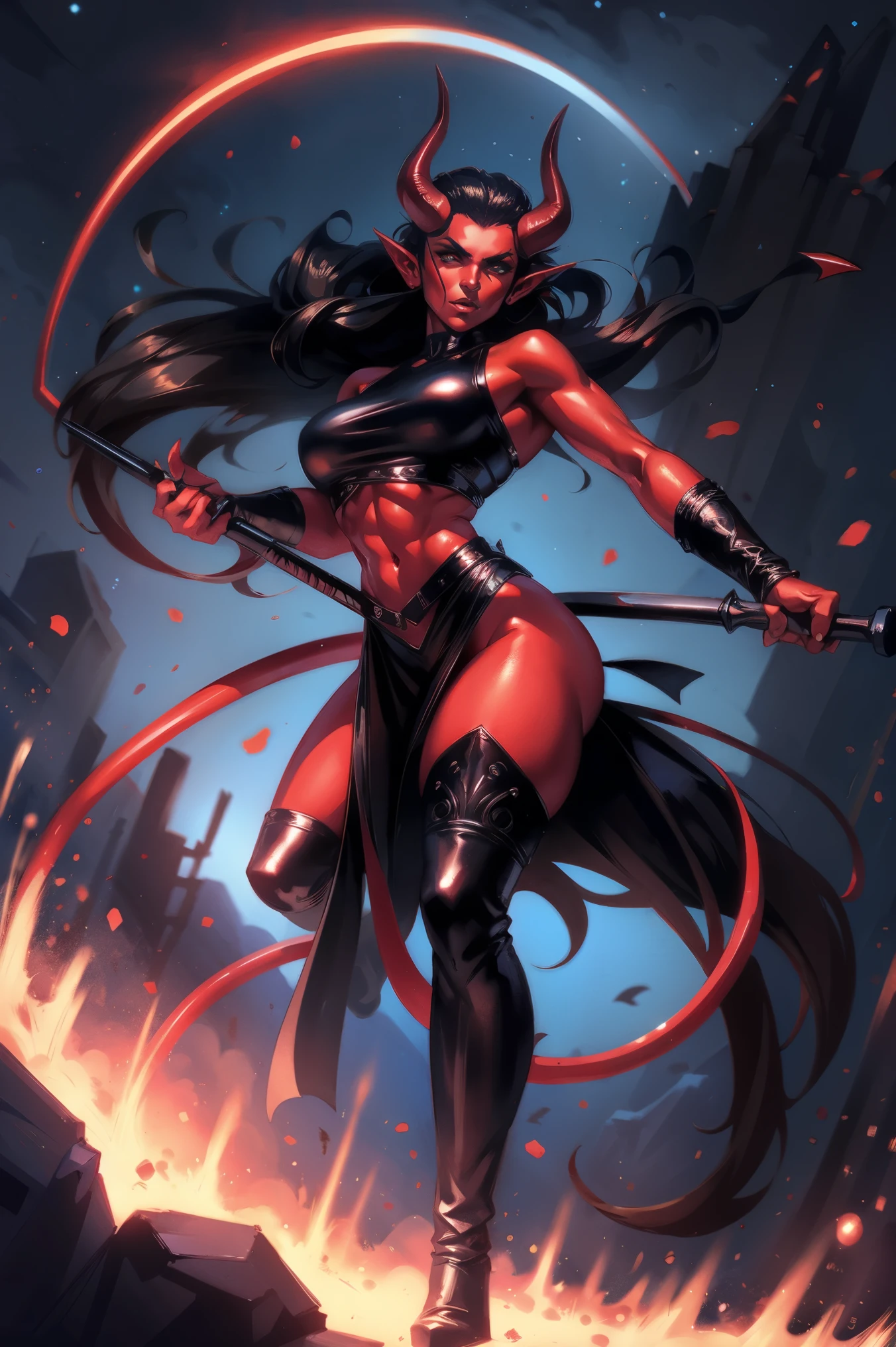 Red skin succubus tiefling, medium breasts, black horns, wings, huge tail, black leather, crop top, long flowing pelvic curtain, tall, toned, graceful, thin, long black ponytail. Action scene, whip. Dark scene, explosions, night sky.