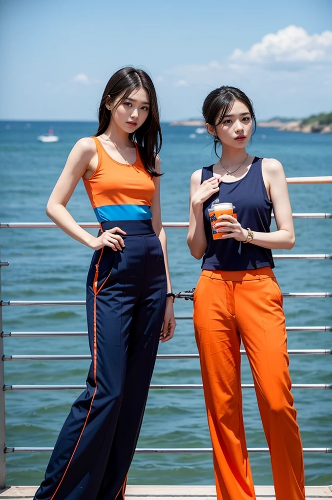 Bright orange with navy blue:Bright orange and navy blue contrast,Can create a vibrant summer look。You can choose a bright orange top,Wear with navy pants or skirt。