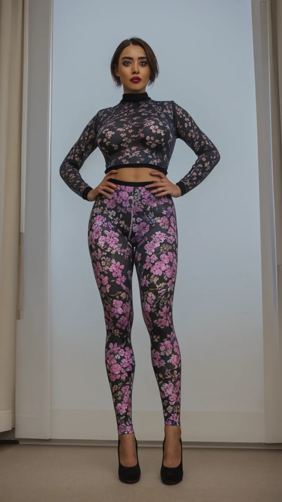 (sultry euro babe standing with hands on hips in a [sheer:skin tight sheer:15] top tucked into floral print [leggings|pantyhose]), see-through leggings, skin tight top, (shirt tucked in), [ :(large breasts), (curvy):0.2], sharp focus, hires, makeup, thick thighs, [ lipstick] , [full body] , (wide hips) , office pantyhose
