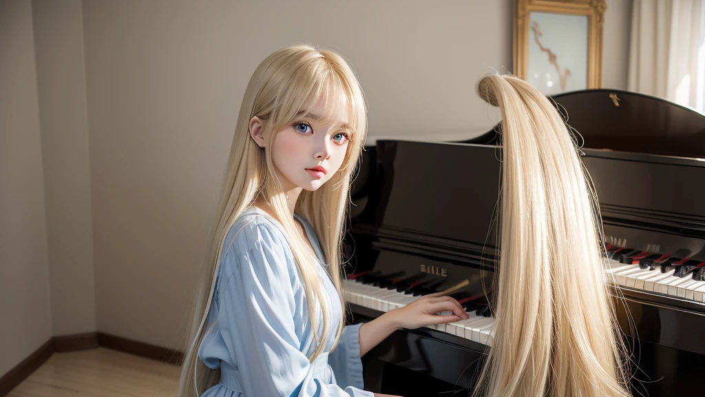 playing piano.silky shiny skin、22 year old cute sexy little beautiful face、Hair glows in front of a cute face、long silky bangs covering the eyes、pale light blue eyes、Young woman super long blonde shiny golden bright straight hair、with round face、Small face beauty、big eye、bright expression、The dress、Even big in clothes
