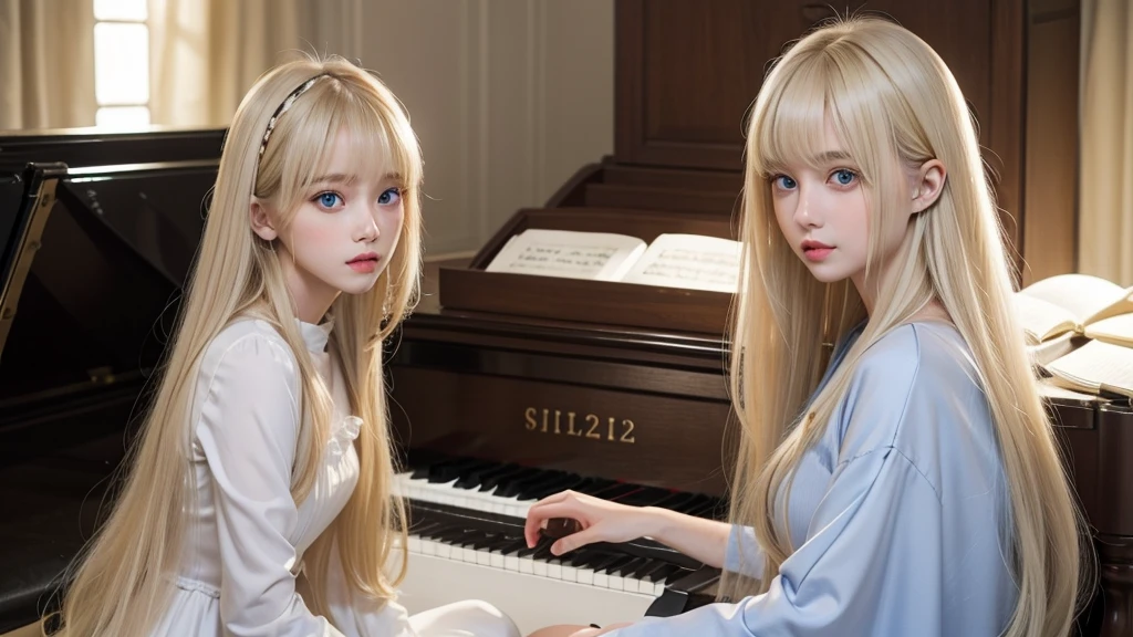 playing piano.silky shiny skin、22 year old cute sexy little beautiful face、Hair glows in front of a cute face、long silky bangs covering the eyes、pale light blue eyes、Young woman super long blonde shiny golden bright straight hair、with round face、Small face beauty、big eye、bright expression、The dress、Even big in clothes