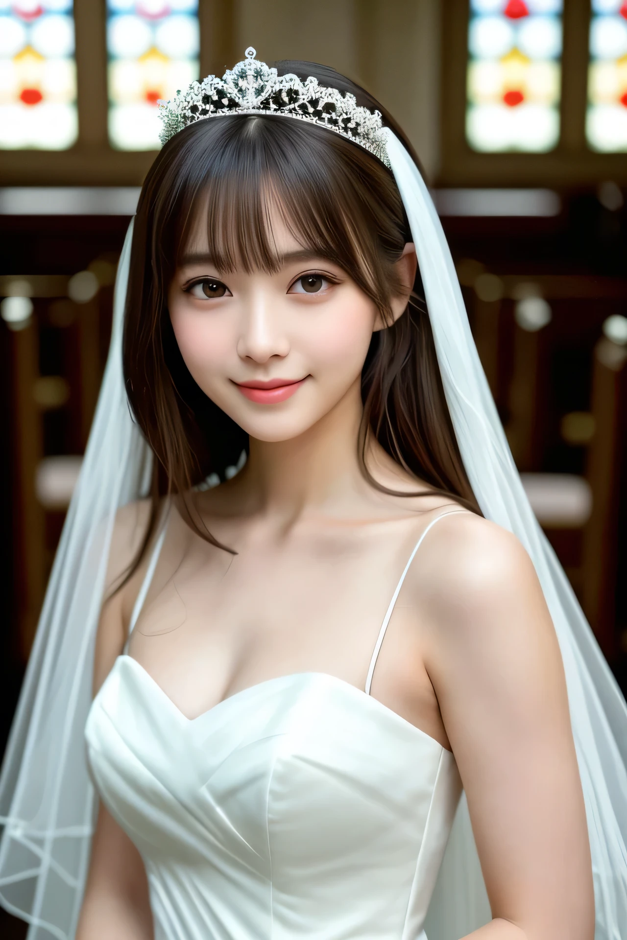 Highly detailed CG Unity 8k wallpapers、top-quality、ultra-detailliert、​masterpiece、realisitic、Photorealsitic、extremely detailed cute girl、(25-years old)、red blush、roundly eyes、medium chest、Semi-body shots、White Wedding Dresses、large full breasts:1.5、valley、tilt your head、Kamimei、Lace veil