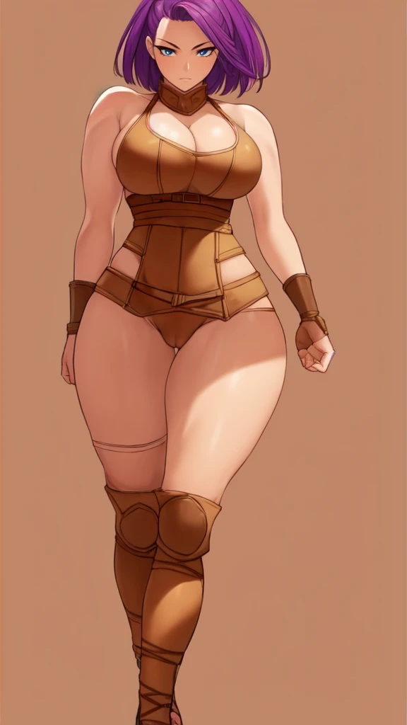 (masterpiece), best quality, female warrior, huge girl, female muscular:1.2, (curvy:1.7), (((blank background))), ((full body)), fingerless gloves, sandals, sleeveless, covered nipples, ((buzzcut hairstyle)), purple hair, hair over eyes, ((very big legs:1.4)), ((camel toe)), (cleavage)