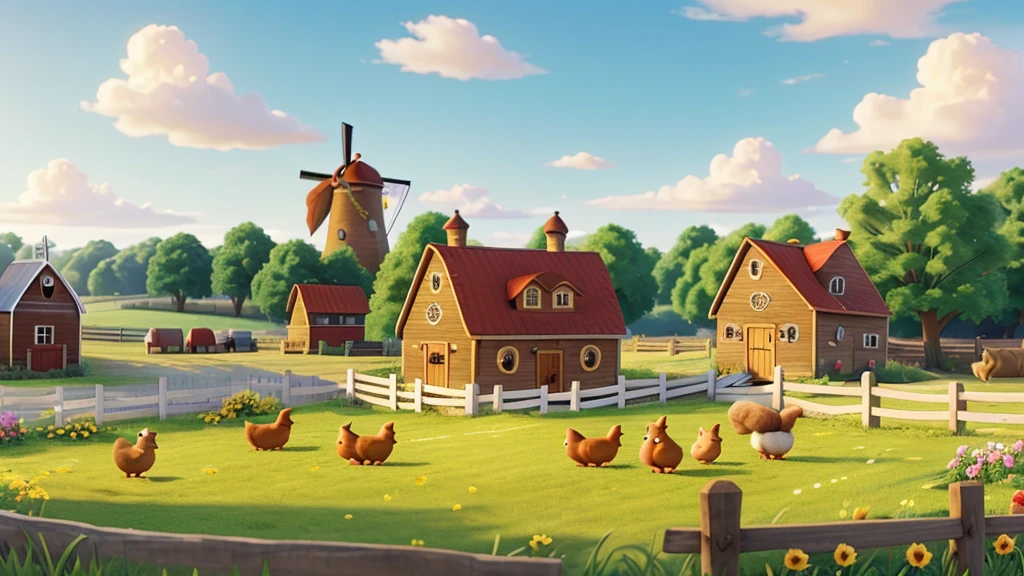 A bunny who loves planting flowers, and a cat surrounded by friends who are a little horse, a duckling, a mouse, and a hen, with a farm in the background, complete with a fence, a barn with a windmill, yellow hay, and a garden that reaches up to the happy characters