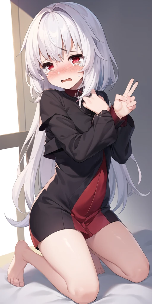 masterpiece), best quality, 1 Girl, Solitary, Clara, Collapse_Star_rail, White hair, Solid color background, permanent, whole body, barefoot,，Damaged clothes，underwear，Biye gesture，Tears，shy