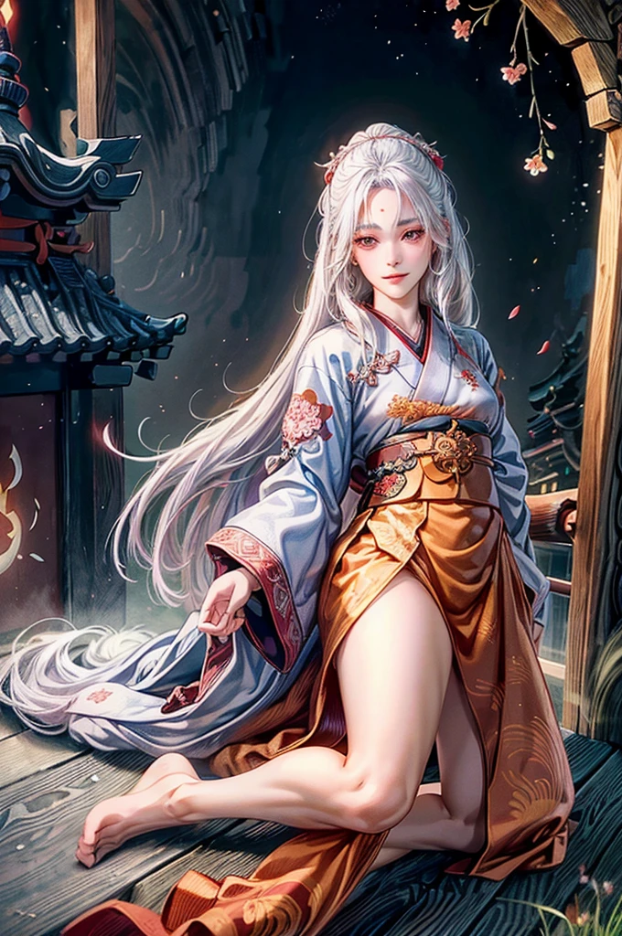 Female samurai warrior with long white hair, Beautifully detailed eyes, Beautifully detailed lips, Very detailed eyes and face, Long eyelashes, red devil eyes, smile, traditional anime style, full body shot, Extremely detailed and intricate design, digital painting, best quality, 8K, realistic, Highly detailed, film lighting, Stunning shadow, bright colors, dynamic poses, Powerful presence, (Enter Japanese text: The flower is a cherry tree., People are samurai in the picture.)(Japanese font)white cutting edge