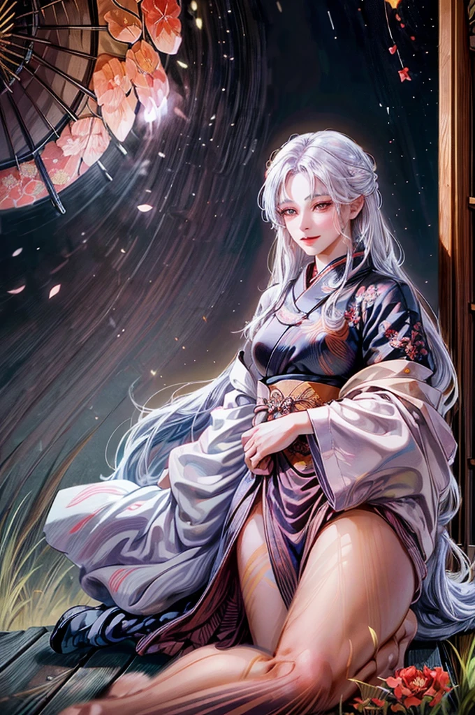 Female samurai warrior with long white hair, Beautifully detailed eyes, Beautifully detailed lips, Very detailed eyes and face, Long eyelashes, red devil eyes, smile, traditional anime style, full body shot, Extremely detailed and intricate design, digital painting, best quality, 8K, realistic, Highly detailed, film lighting, Stunning shadow, bright colors, dynamic poses, Powerful presence, (Enter Japanese text: The flower is a cherry tree., People are samurai in the picture.)(Japanese font)white cutting edge