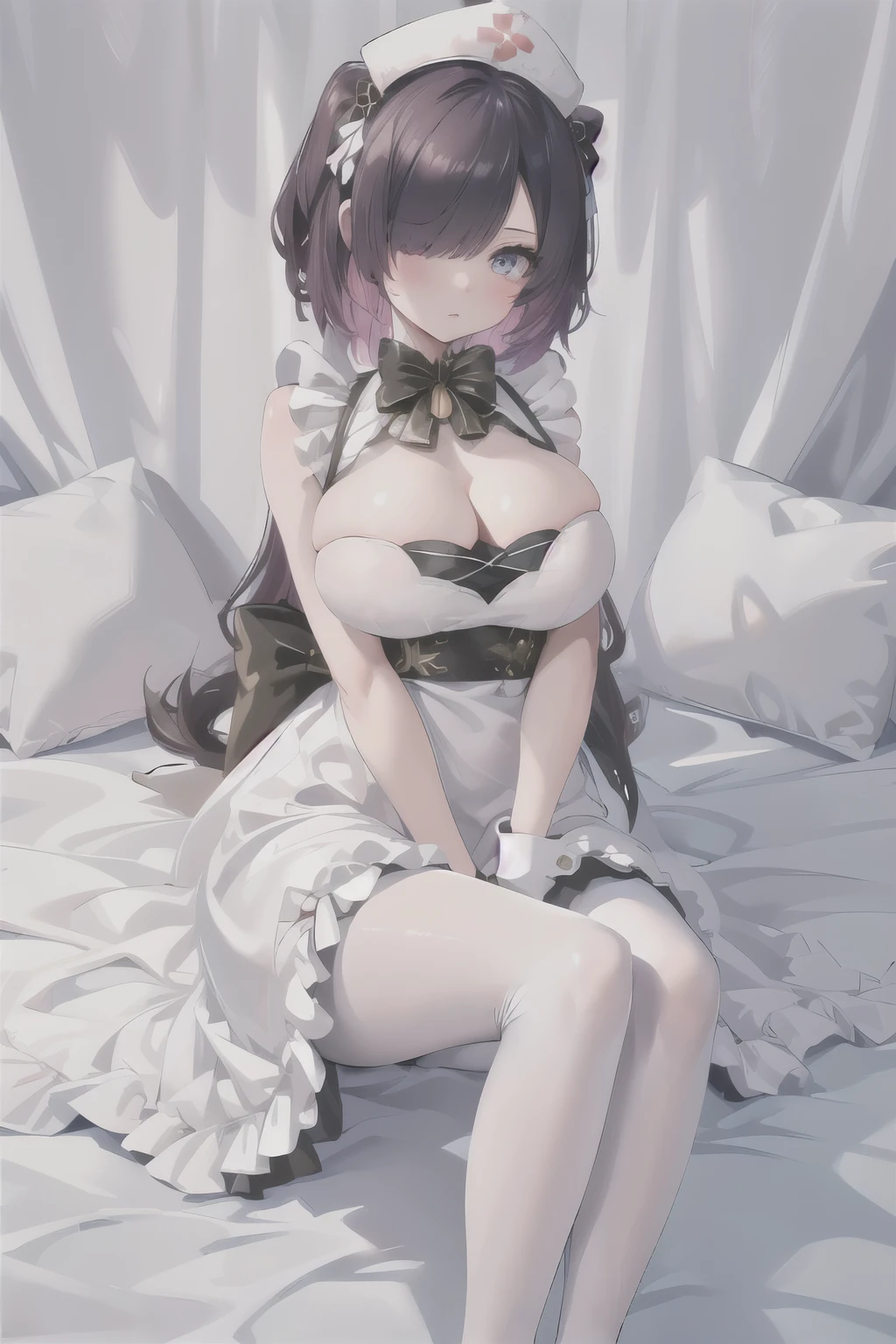 (((masterpiece))),highres,absurdres,(((best quality))),official art,perfect lighting,looking at viewer,full body,
1girl,hmsjervis,hair over one eye,nurse cap,white dress,white gloves,sleeveless dress,white pantyhose,bow,neck bell,cleavage,blush,expressionless,