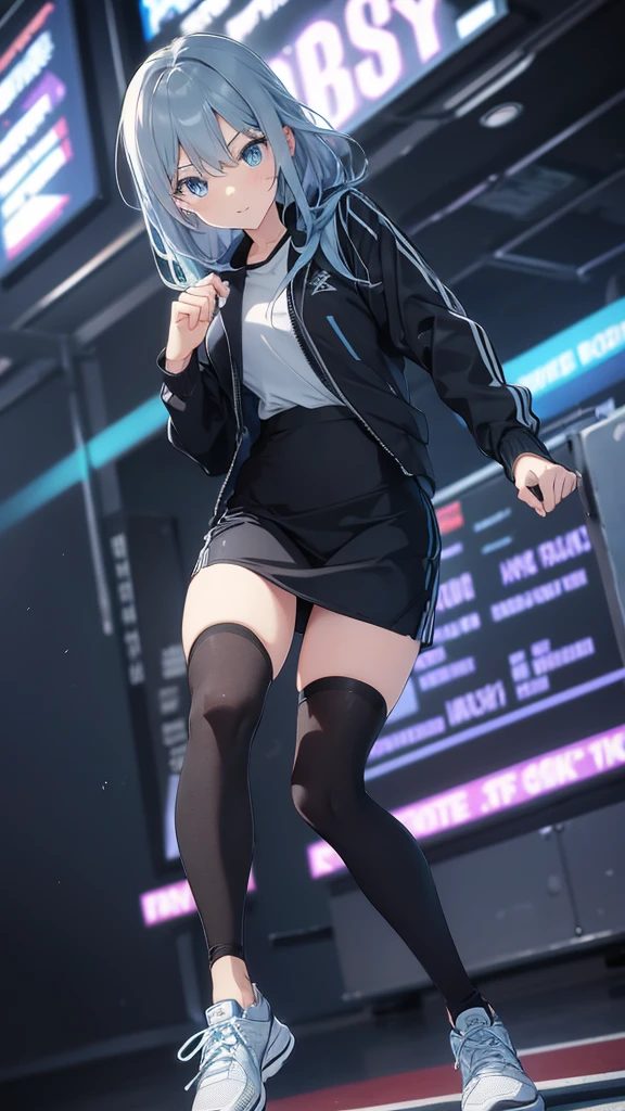 Blue delicate eyes, ,sports shoes，Black tights，Sports jacket