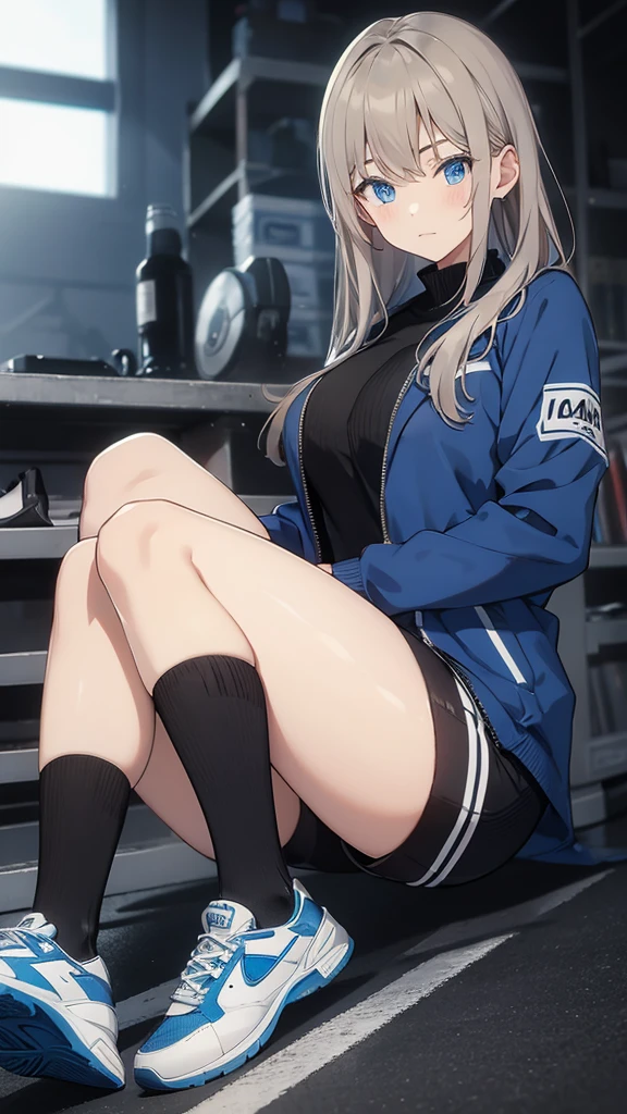 Blue delicate eyes, ,sports shoes，Black tights，Sports jacket