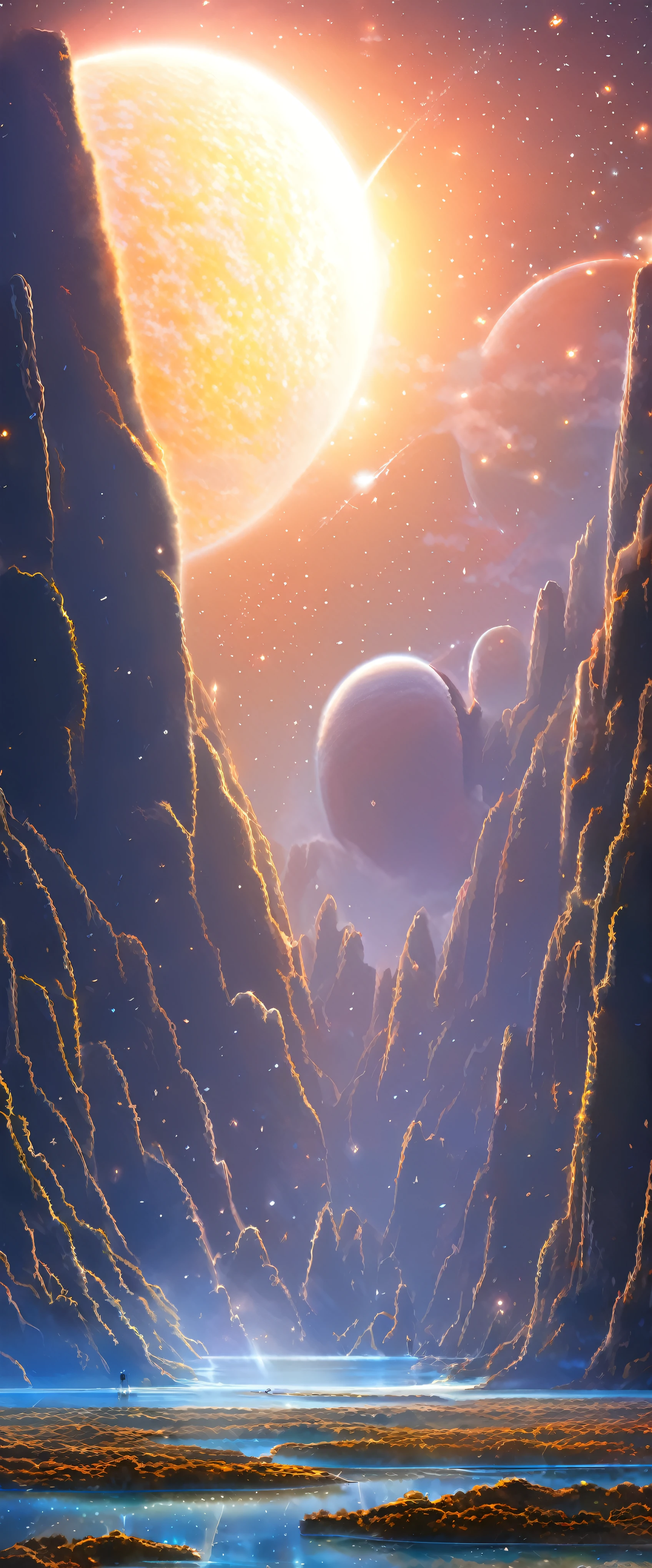 Starry Sky with Mountains and Lake, Jessica Rossier, Inspired by Jessica Rossier, Jessica Rossier Fantasy Art, Concept Art Magic Highlights, Official Artwork, Dream Painting, Ethereal Realm, Atmospheric artwork, dreamy matte paintings, serene endless stars inspired by Ted Nasmith, moonlit starry environments, epic music album covers.流れ星が大きな光の帯を描いている