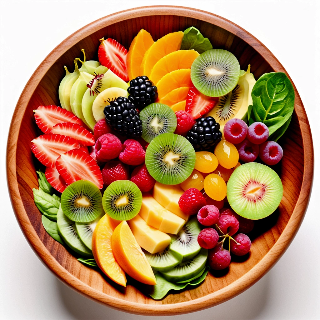 There is bowl of salad made of many different fruit , fresh and creamy, served in fancy wooden bowl, illustration, baking ingredients, isolated with solid white background, surrounded with negative space, centered composition, 8k, highest detailed painting, very precise line, Isolated, clear solid white background, perspective angle of view, ((watercolor:1)), (lora:add-detail-xl:1), (masterpiece), (best quality), no bread on the floor, washed out color