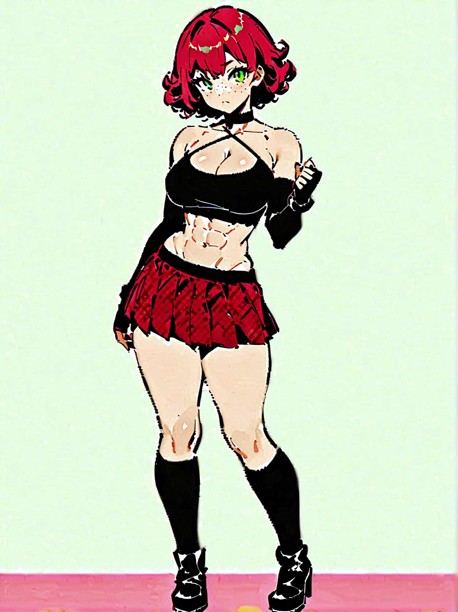 woman, curly red pixie cut hair, green eyes, wearing crop top black shirt, red plaid skirt, (black knee high boots), black fingerless gloves, exposed shoulders, (full body), large breasts, freckles, cleavage, abs, looking at viewer, masterpiece, best quality