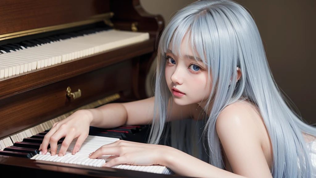 playing piano.silky shiny skin、22 year old cute sexy little beautiful face、Hair glows in front of a cute face、long silky bangs covering the eyes、pale light blue eyes、Young woman super long blonde shiny golden bright straight hair、with round face、Small face beauty、big eye、bright expression、The dress、Even big in clothes