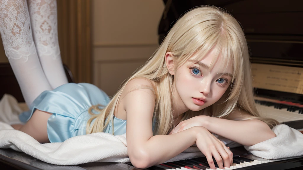 playing piano.silky shiny skin、22 year old cute sexy little beautiful face、Hair glows in front of a cute face、long silky bangs covering the eyes、pale light blue eyes、Young woman super long blonde shiny golden bright straight hair、with round face、Small face beauty、big eye、bright expression、The dress、Even big in clothes